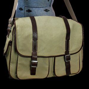 Banana Republic Tan Canvas & Brown Leather Messenger Bag